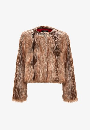 Veste en fausse fourrure marron au design court, à manches longues et à col rond. Texture douce avec un mélange de tons de fourrure clairs et foncés.