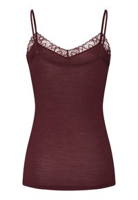 Burgunderfärgad linne med justerbara spaghettiband, med en delikat spetsdetalj längs halsringningen och en ribbad struktur genom hela plagget.