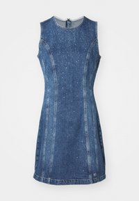 Denim ermeløs kjole med en tettsittende design og vertikale sømmer, pyntet med små, lyse detaljer, i en mørk blå nyanse.