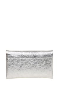 Silver metallic clutch bag with a smooth texture, rectangular shape, and rounded edges. Features a fold-over design with no visible hardware.