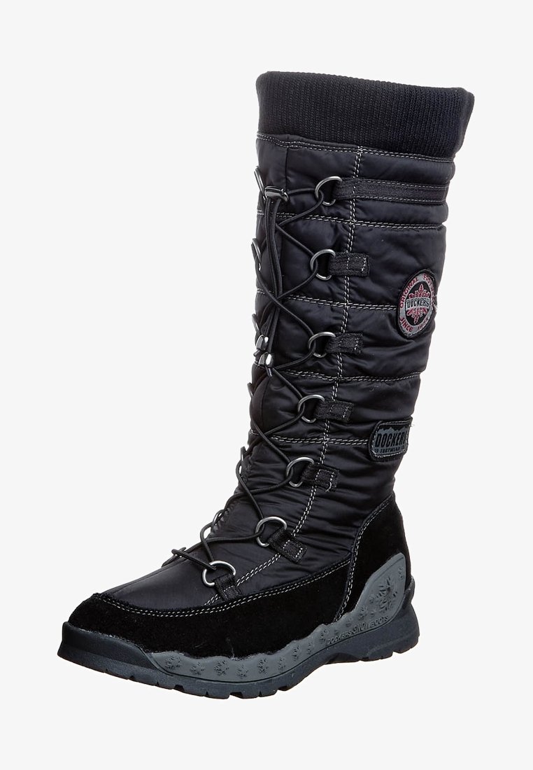 Botte d'hiver noire haute avec un laçage à l'avant, tige rembourrée, semelle en caoutchouc et patches de marque sur le côté.