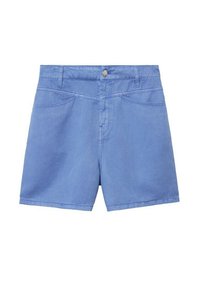Jasnoniebieskie szorty dżinsowe z średnim stanem, czterema kieszeniami, zapięciem na guzik i kontrastowym przeszyciem z przodu.