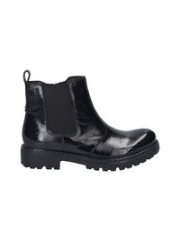 Schwarze Lackleder-Stiefelette mit elastischen Seitenpaneelen, runder Zehenpartie und rutschfester Gummisohle mit grobem Profil.