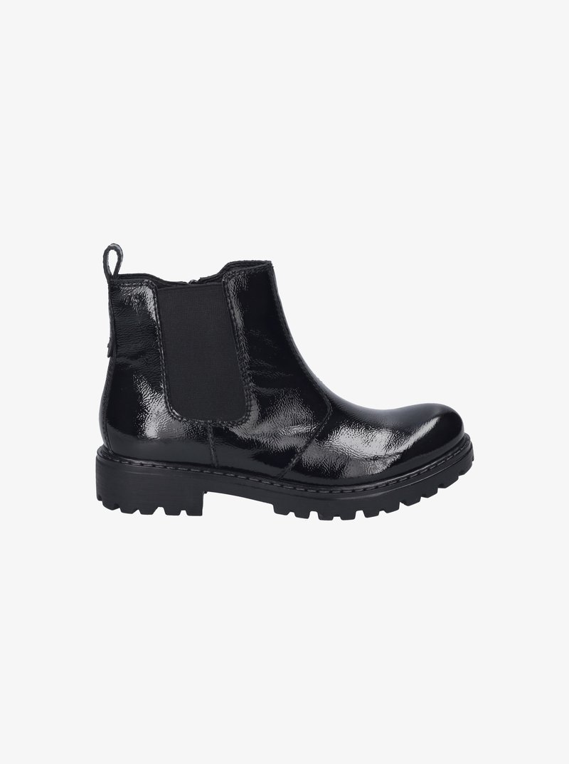 Schwarze Lackleder-Stiefelette mit elastischen Seitenpaneelen, runder Zehenpartie und rutschfester Gummisohle mit grobem Profil.