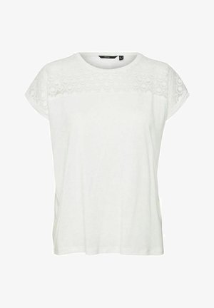 White t-shirt with short sleeves, featuring a textured lace panel across the shoulders. Soft fabric and relaxed fit.