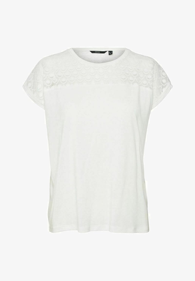 White t-shirt with short sleeves, featuring a textured lace panel across the shoulders. Soft fabric and relaxed fit.