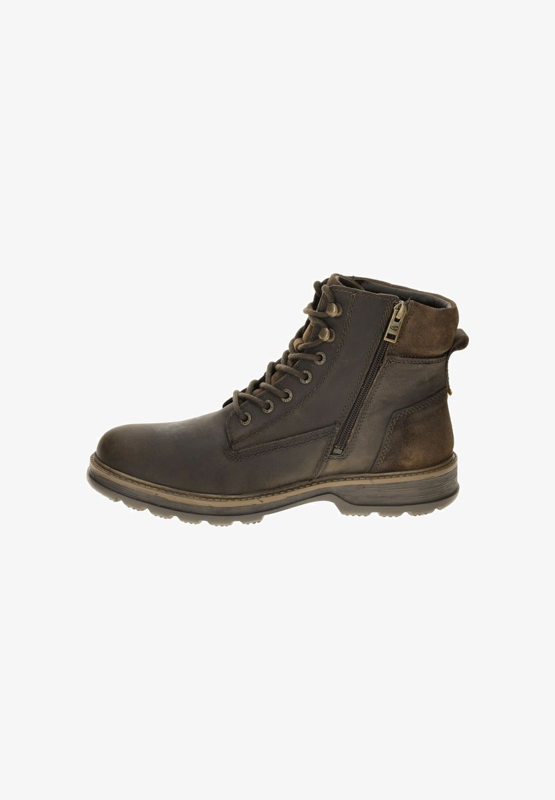 Braune Leder Stiefelette mit Schnürung und Reißverschluss, runder Zehenbereich, strukturierten Akzenten und Gummisohle für besseren Halt.