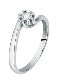 Silberring mit einem glatten, schlanken Band und einem runden Diamantmittelstück, das von einer floralen Sechs-prong-Fassung gehalten wird. Reflektierende Oberfläche sorgt für Glanz.