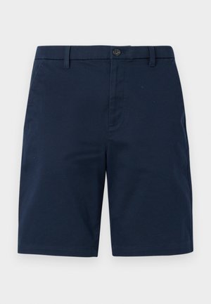 Navy blue knee-length shorts with button and zip closure, belt loops, and side pockets on a plain background.