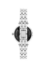 Orologio in metallo argentato con quadrante rotondo nero. Il bracciale presenta maglie alternate e piccole pietre decorative lungo il cinturino. Chiusura a scatto visibile.