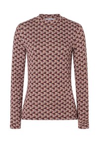 Langsleeve top gemaakt van stof met een herhalend geometrisch patroon in bordeauxrood en crèmekleur. Hoge halslijn, getailleerde snit, zachte textuur.