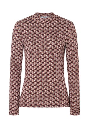 T-shirt à manches longues en tissu avec un motif géométrique répétitif bordeaux et crème. Col haut, coupe ajustée, texture douce.