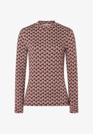T-shirt à manches longues en tissu avec un motif géométrique répétitif bordeaux et crème. Col haut, coupe ajustée, texture douce.