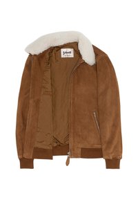 Giacca bomber in camoscio marrone con fodera trapuntata, colletto in sherpa bianco, tasche con zip e chiusura frontale con cerniera, distesa e aperta sul davanti.
