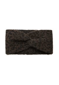 Fascia per capelli con motivo leopardato marrone, realizzata in materiale morbido e testurizzato, con un design attorcigliato nella parte frontale. Misura circa 22 cm di larghezza.