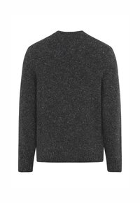Dunkelgrauer, gestrickter Pullover mit Rundhalsausschnitt, langen Ärmeln, gerippten Bündchen und Saum, sowie einer gesprenkelten Textur.