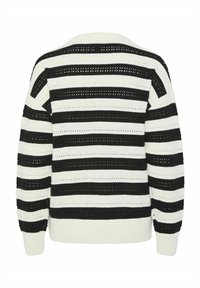 Maglione a righe in bianco e nero con un lavorato a maglia morbido, caratterizzato da righe solide e perforate alternate e un bordo e polsini a costine.