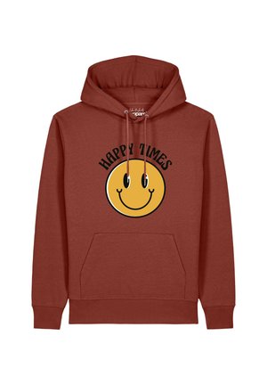 Rostfarbener Kapuzenpullover mit Fronttasche, mit einem großen gelben Smiley-Gesicht und dem Text "HAPPY TIMES" darüber.