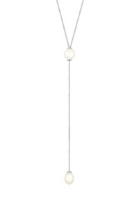 Zilveren ketting met twee ovale witte parels, één aan elk uiteinde, met een gladde textuur en een eenvoudig, langwerpig ontwerp.