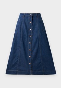 Denim A-linijska krilna obleka v temno modri barvi z gumbom spredaj, z žepi, kontrastnim šivom in dolžino do sredine meč.