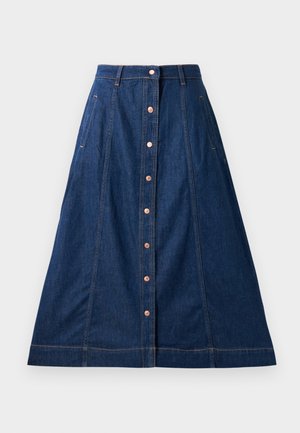 Denim A-linijska krilna obleka v temno modri barvi z gumbom spredaj, z žepi, kontrastnim šivom in dolžino do sredine meč.
