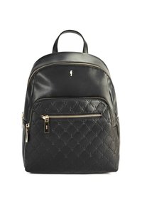 Czarny skórzany plecak z pikowanym wzorem, złotymi zamkami błyskawicznymi i przednią kieszenią. Gładka faktura z eleganckim konturem.