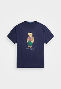 Navy cotton t-shirt featuring a detailed embroidered bear in a blazer, with a vest and pants, alongside "POLO BEAR by RALPH LAUREN" text.