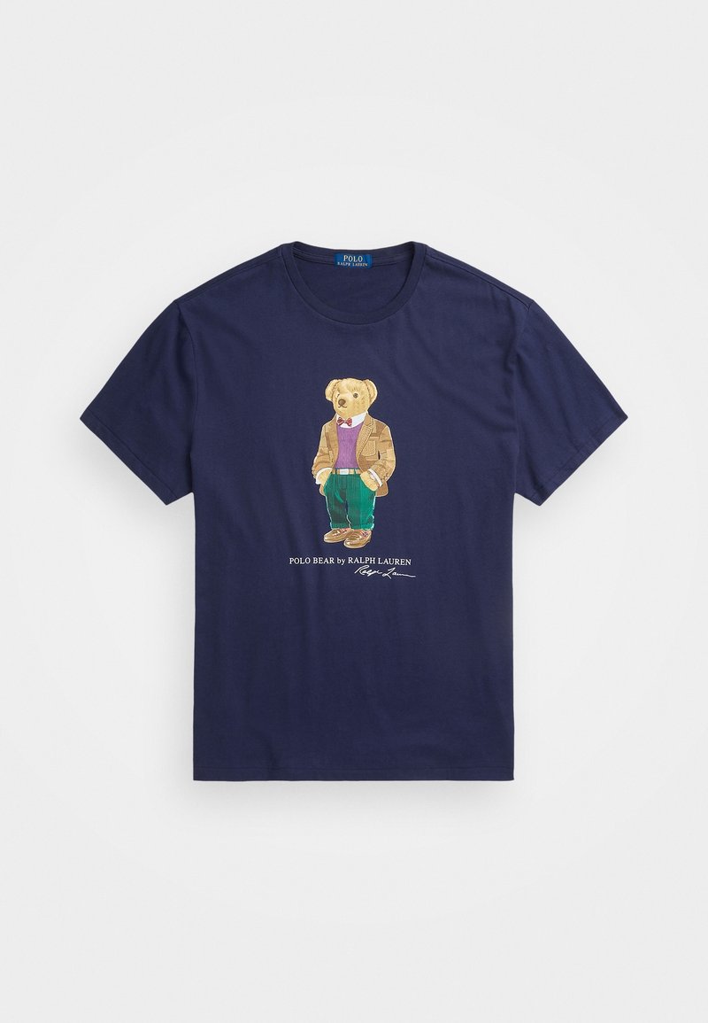 Navy cotton t-shirt featuring a detailed embroidered bear in a blazer, with a vest and pants, alongside "POLO BEAR by RALPH LAUREN" text.