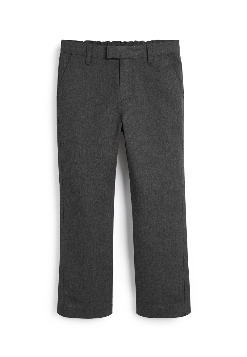 Pantaloni grigi a gamba dritta con vita elastica, tasche anteriori e una texture liscia. Senza motivi visibili o dettagli in metallo.