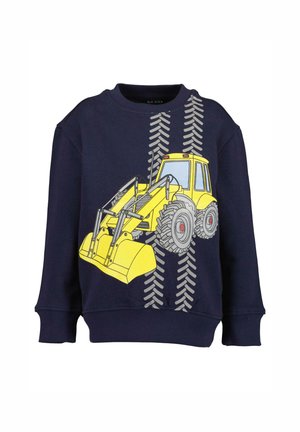 Marineblaues Sweatshirt mit einem gelben Grafikdesign eines Baumaschinenfahrzeugs und einem Grauen Reifenprofil. Hergestellt aus weichem Stoff, mit gerippten Bündchen.