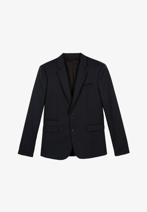 Blazer blu scuro realizzato in tessuto liscio, con chiusura a due bottoni, rever a punta, due tasche frontali e una tasca sul petto.
