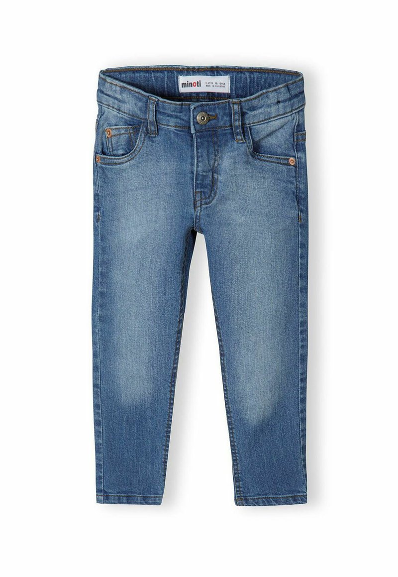 Modre jeans hlače klasičnega kroja. Oblika z petimi žepi, zanke za pas in detajli iz bakrene niti. Lažje zbledelost na stegnih.