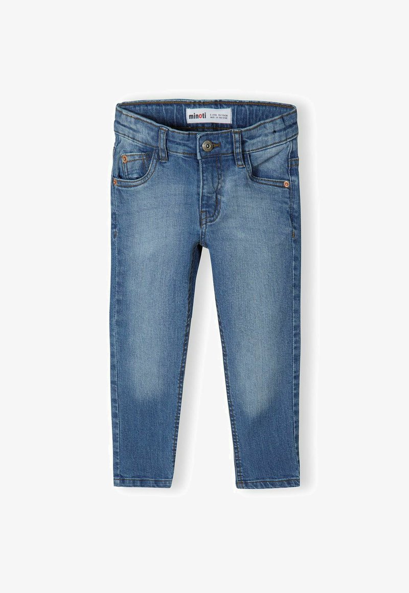 Jeans de mezclilla azul con un ajuste clásico. Diseño de cinco bolsillos, lazos para cinturón y detalles de costura en color cobre. Ligera decoloración en los muslos.