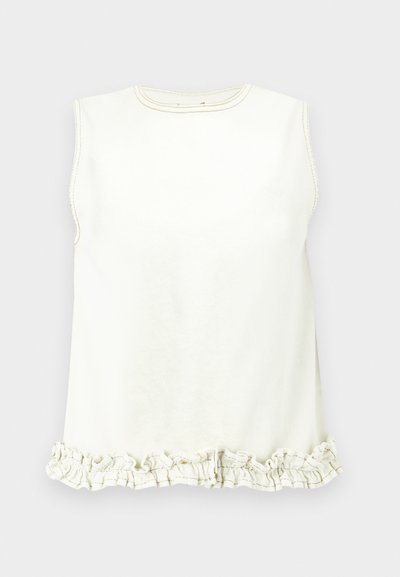 Haut blanc sans manches avec un col arrondi et un ourlet à volants. Fabriqué en tissu doux avec des détails de couture visibles le long des bords.