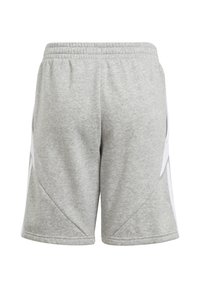 Pantalones cortos atléticos grises hechos de una tela suave, con una cinturilla elástica, acentos blancos laterales y un corte hasta la rodilla con una textura suave.