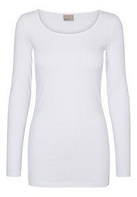 Witte lange mouwen top met een ronde hals, gemaakt van een soepele stof. Heeft een aansluitende vorm en een simpel ontwerp zonder patronen of accenten.