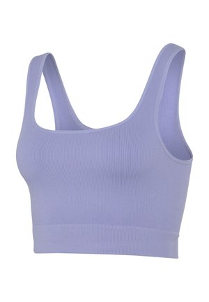 Light purple ribbed bralette with wide straps and a fitted band. Smooth texture, seamless design, suitable for layering or casual wear.