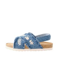 Sandali in denim con cinturini incrociati, motivi floreali ricamati in bianco, una soletta in tessuto morbido e una suola in gomma di colore chiaro.