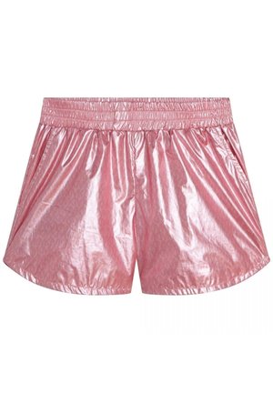 Skinnende lyserøde metallicshorts med elastik i taljen og sidelommer, med et diskret monogrammønster.