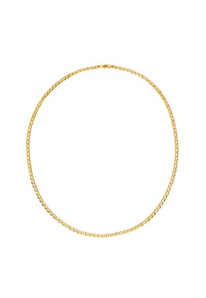 Guld kæde med en række af små, sammenkoblede rektangulære led, der har en sikker spænde-lukning. Glat overflade og blank finish.