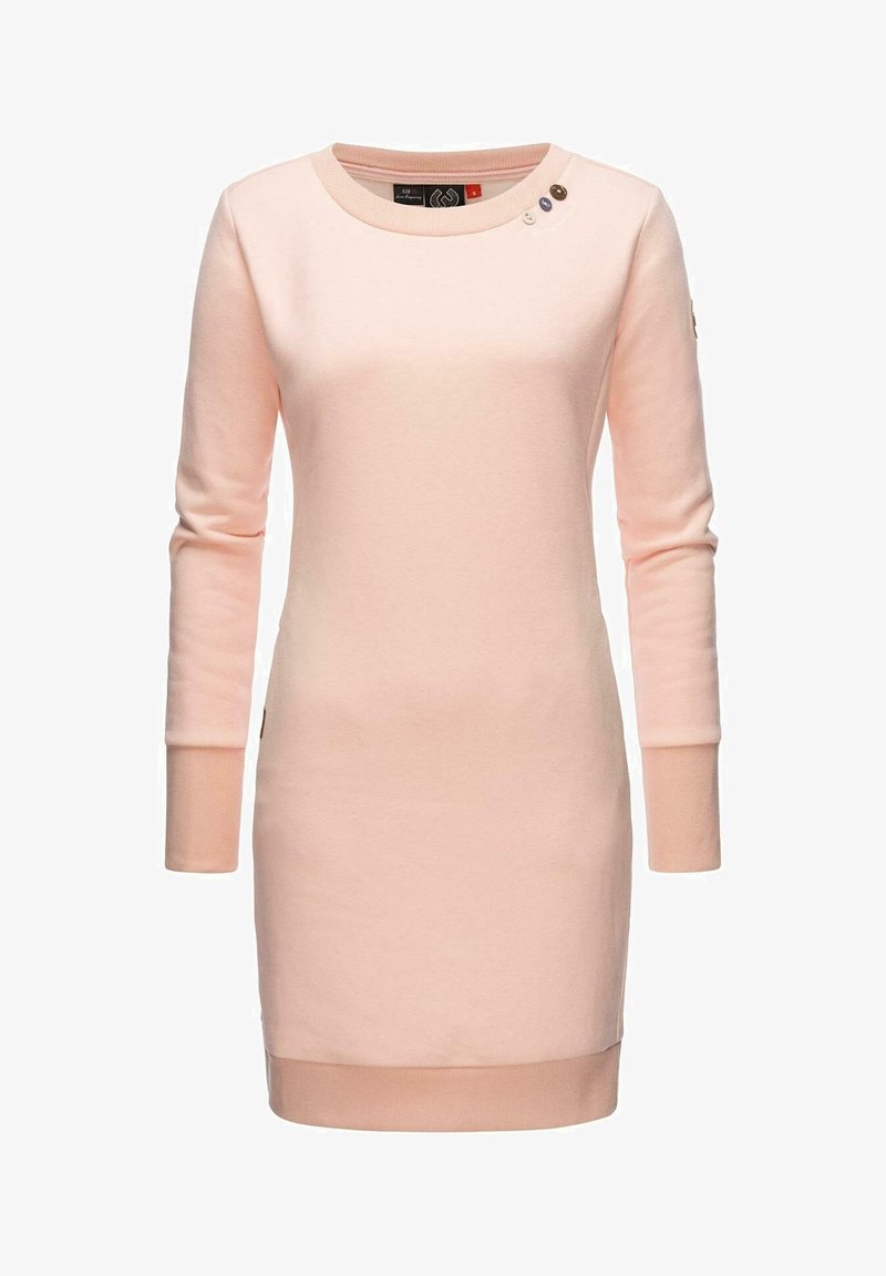 Robe rose à manches longues en mélange de coton doux. Elle présente un col rond avec trois boutons décoratifs sur l'épaule gauche et des poignets côtelés.