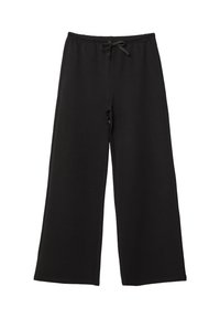 Zwarte wijde sweatpants gemaakt van zachte stof, met een trekkoord in de taille en twee zijzakken. Eenvoudig, onversierd ontwerp.