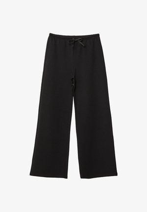 Pantaloni felpa neri a gamba larga realizzati in tessuto morbido, dotati di una vita con cordoncino e due tasche laterali. Design semplice e privo di decorazioni.