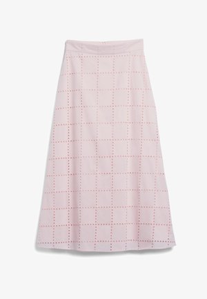 Gonna rosa chiaro con un motivo a griglia di piccoli ritagli, caratterizzata da un design a lunghezza media e una cerniera invisibile sul retro.
