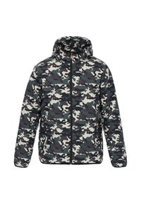 Tarnjacke mit Kapuze, mit Mustern in Grün, Grau und Creme. Hergestellt aus synthetischem Material, mit einem durchgehenden Reißverschluss vorne.