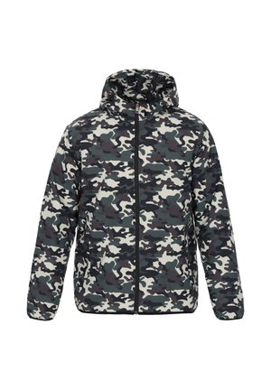 Kamuflaažiga jope kapuutsiga, millel on rohelised, hallid ja kreemilised mustrid. Valmistatud sünteetilisest materjalist, ees on täispikk tõmblukk.