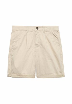 Beige bomuldsshorts med forreste knap, bæltestropper, to sidelommer og opsmøgede kanter.