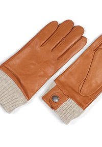 Brune læderhandsker med ribbede beige strikkede manchetter og en metal logoaccent. Har fire fingeråbninger og en tommelfinger. Glat tekstur.
