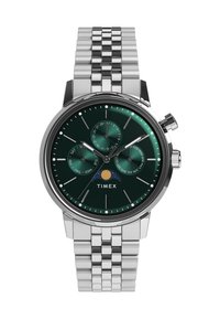 Ura Timex s srebrno zapestnico iz nerjavečega jekla, zelenim številčnico s tremi podštevilčnicami, srebrnimi kazalci in indikatorjem lunine faze.