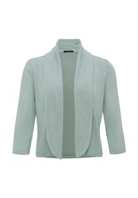 Ljusgrön cardigan i ett mjukt, strukturerat tyg, öppen framtill och med trekvartslånga ärmar. Har en sjalkrage och avslappnad passform.